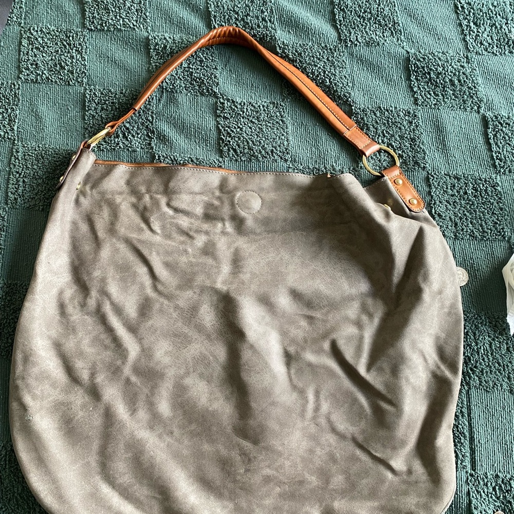 Anthropologie Gray and Tan Hobo Tote Bag